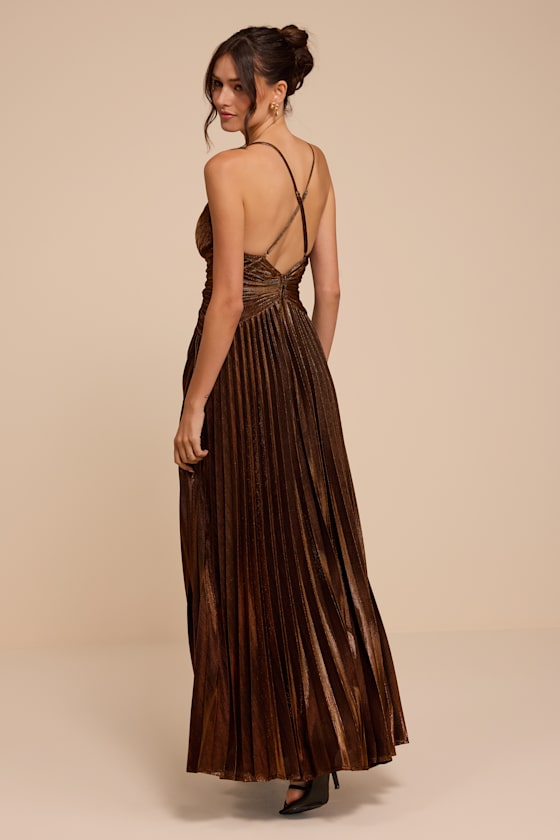 Corella Brown Lurex Pleated Maxi Dress - thumbnail 5