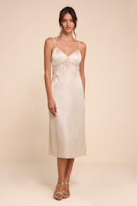 Kimberly Cream Satin Crochet Lace Slip Midi Dress 1