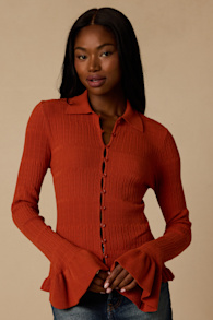Arlinda Rust Knit Textured Cardigan Sweater Top 1