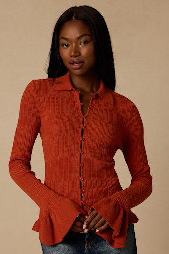 Arlinda Rust Knit Textured Cardigan Sweater Top 1