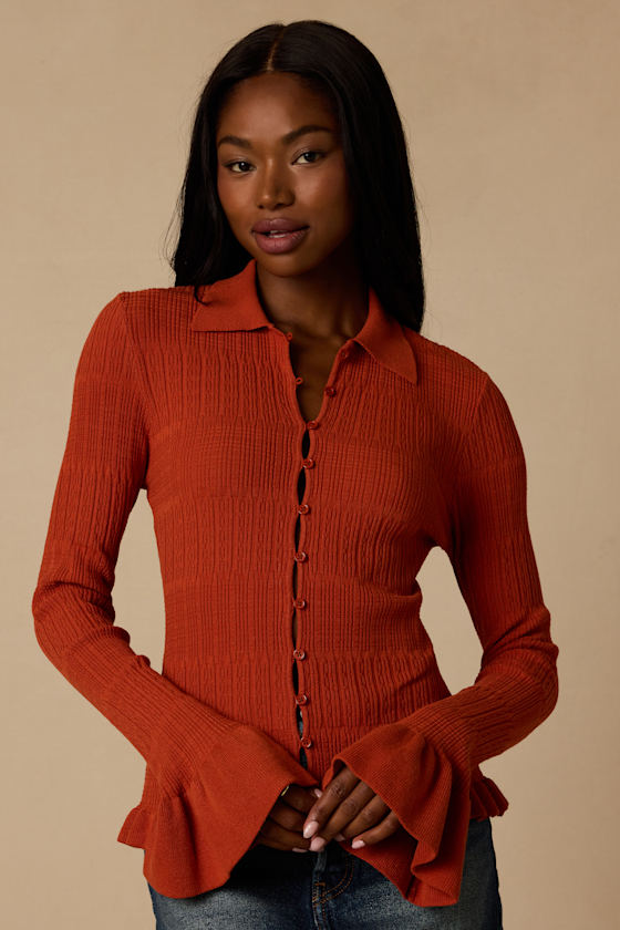 Arlinda Rust Knit Textured Cardigan Sweater Top 1