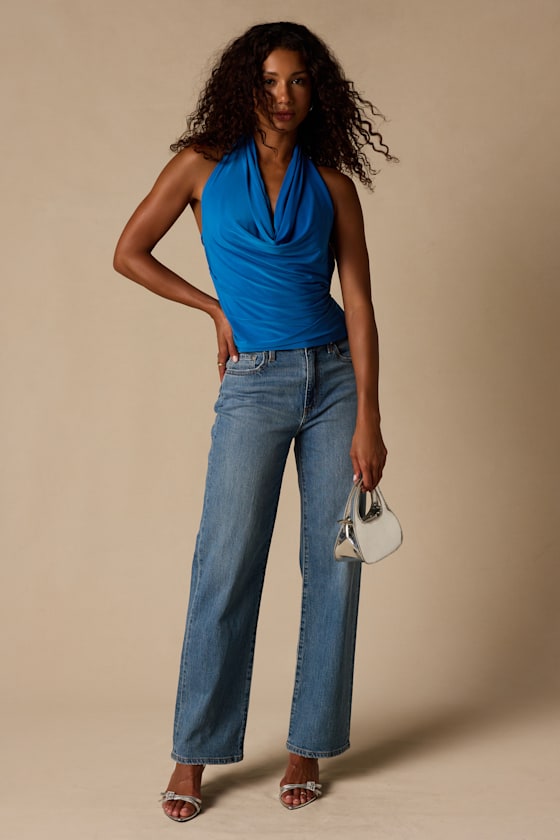 Luz Bright Blue Cowl Neck Backless Top - thumbnail 3