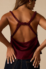 Ariel Maroon Satin Cowl Neck Tank Top 1