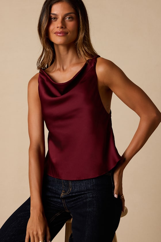 Ariel Maroon Satin Cowl Neck Tank Top 2