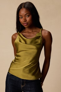 Ariel Olive Satin Cowl Neck Tank Top 1