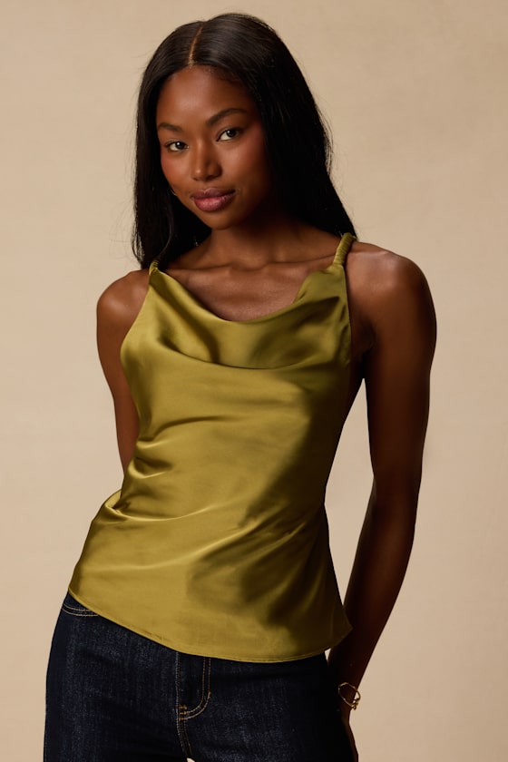 Ariel Olive Satin Cowl Neck Tank Top 1