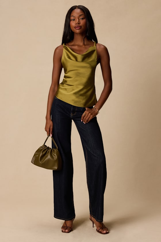 Ariel Olive Satin Cowl Neck Tank Top - thumbnail 3