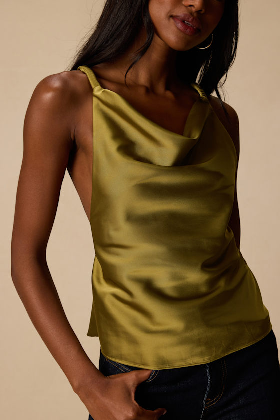 Ariel Olive Satin Cowl Neck Tank Top - thumbnail 4