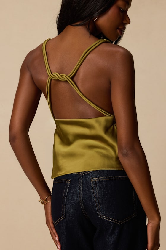 Ariel Olive Satin Cowl Neck Tank Top - thumbnail 5