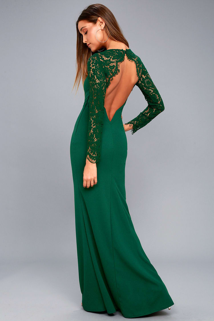 Lovely Forest Green Lace Dress - Long Sleeve Maxi Dress - Lulus