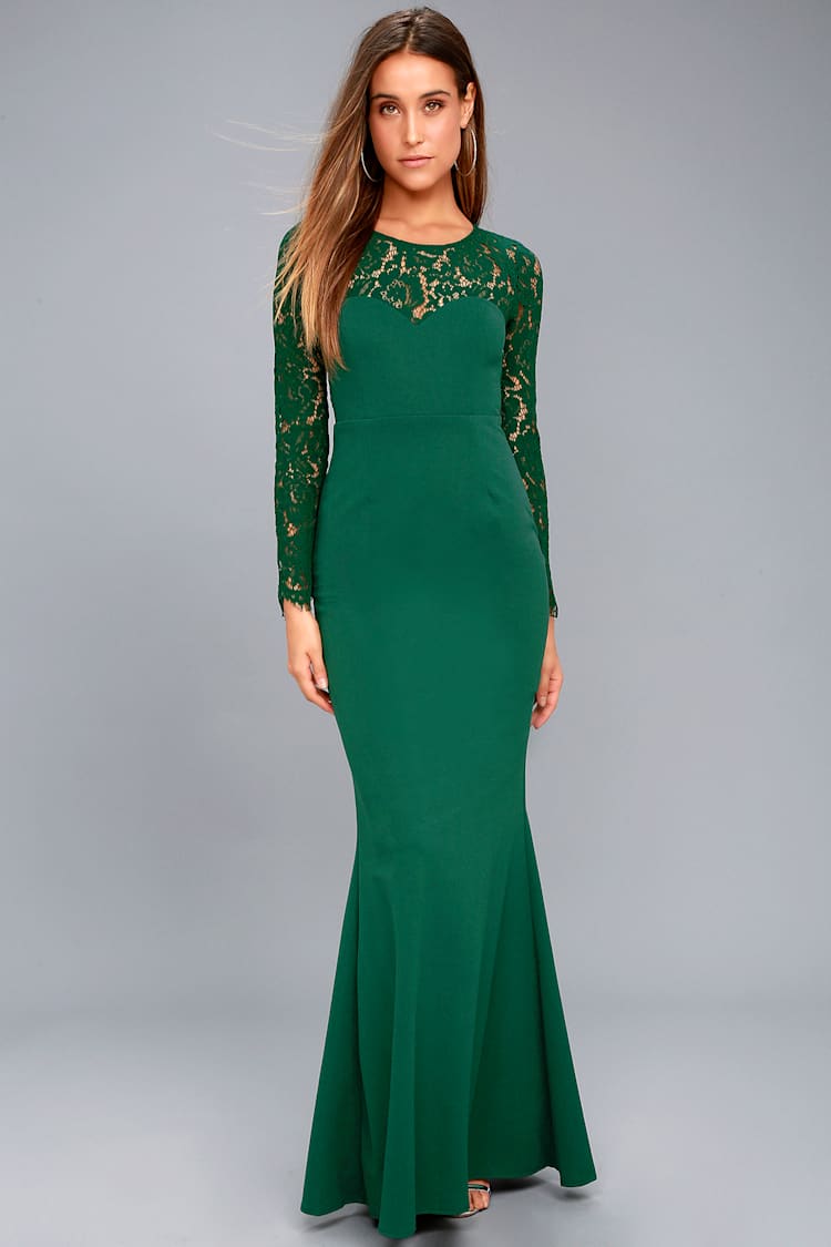 Lovely Forest Green Lace Dress - Long Sleeve Maxi Dress - Lulus
