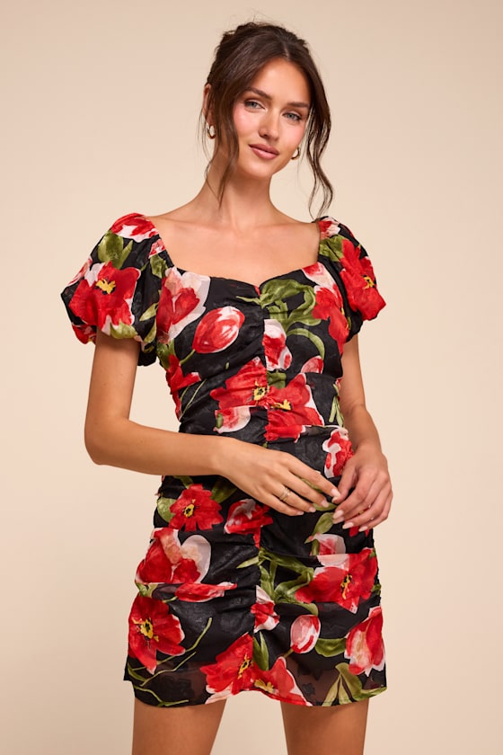 Sahana Black Multi Floral Ruched Mini Dress 1