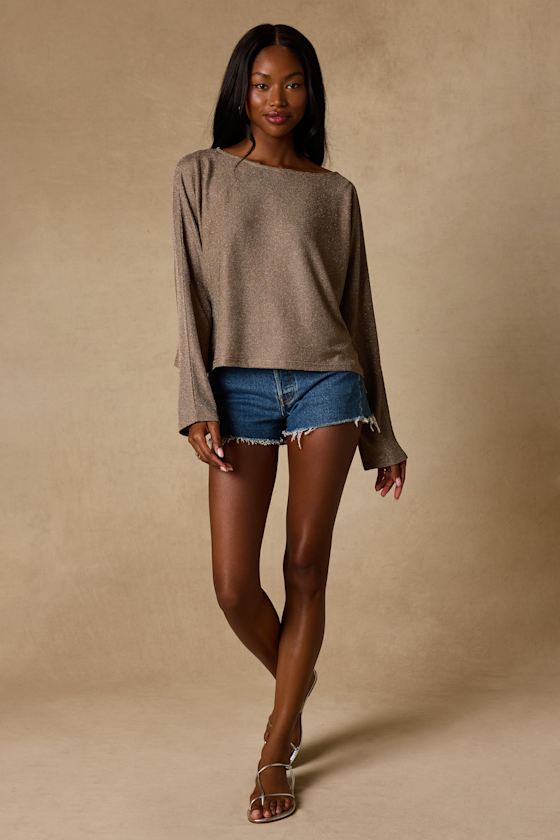 Braylin Taupe Lurex Knit Dolman Sleeve Top - thumbnail 3