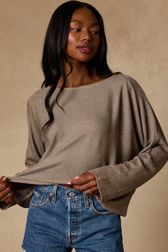 Braylin Taupe Lurex Knit Dolman Sleeve Top - thumbnail 4