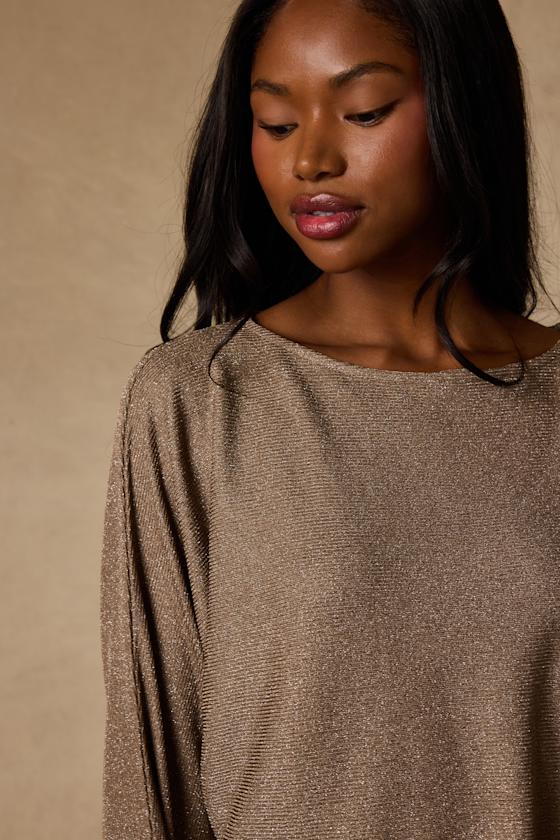 Braylin Taupe Lurex Knit Dolman Sleeve Top - thumbnail 5