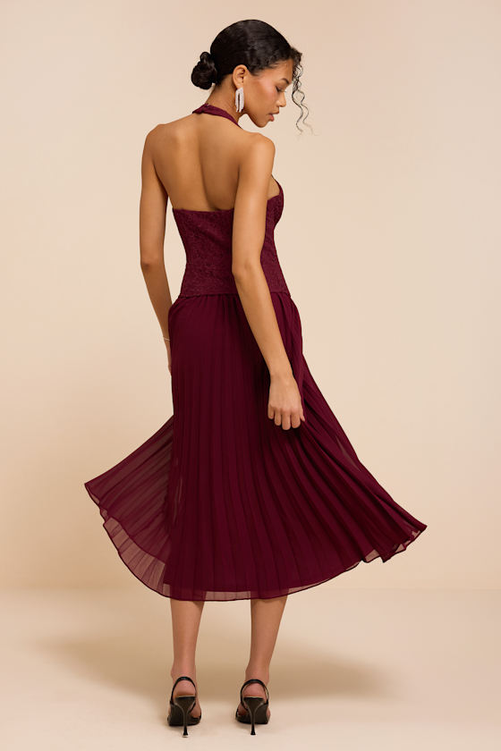Baylin Burgundy Lace Bustier Midi Dress - thumbnail 3