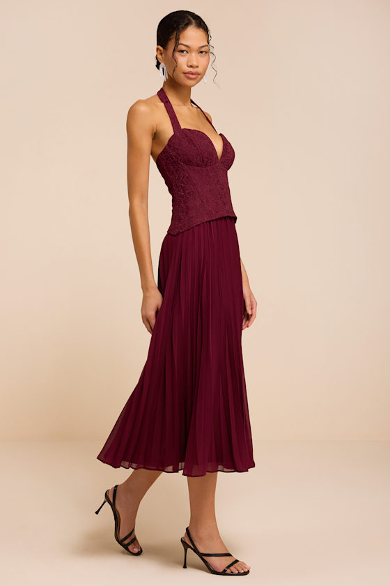 Baylin Burgundy Lace Bustier Midi Dress - thumbnail 4