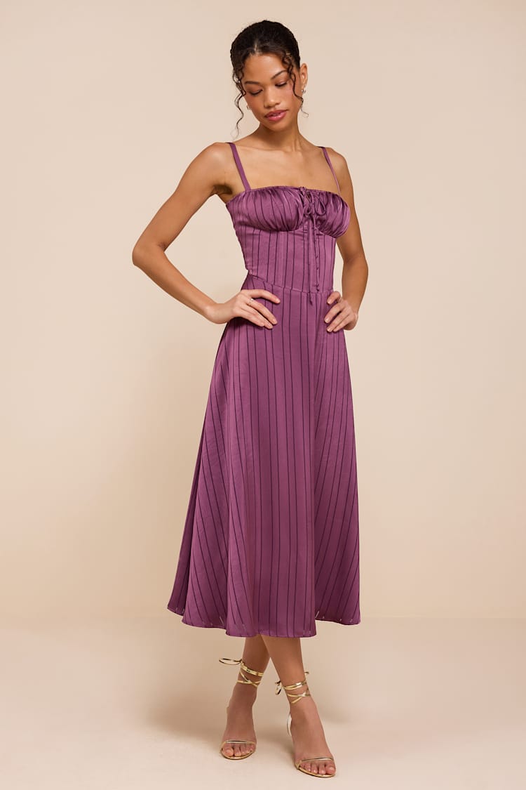 midi purple satin dress ASOS DESIGN strappy satin midi slip dress with seam detail in purple