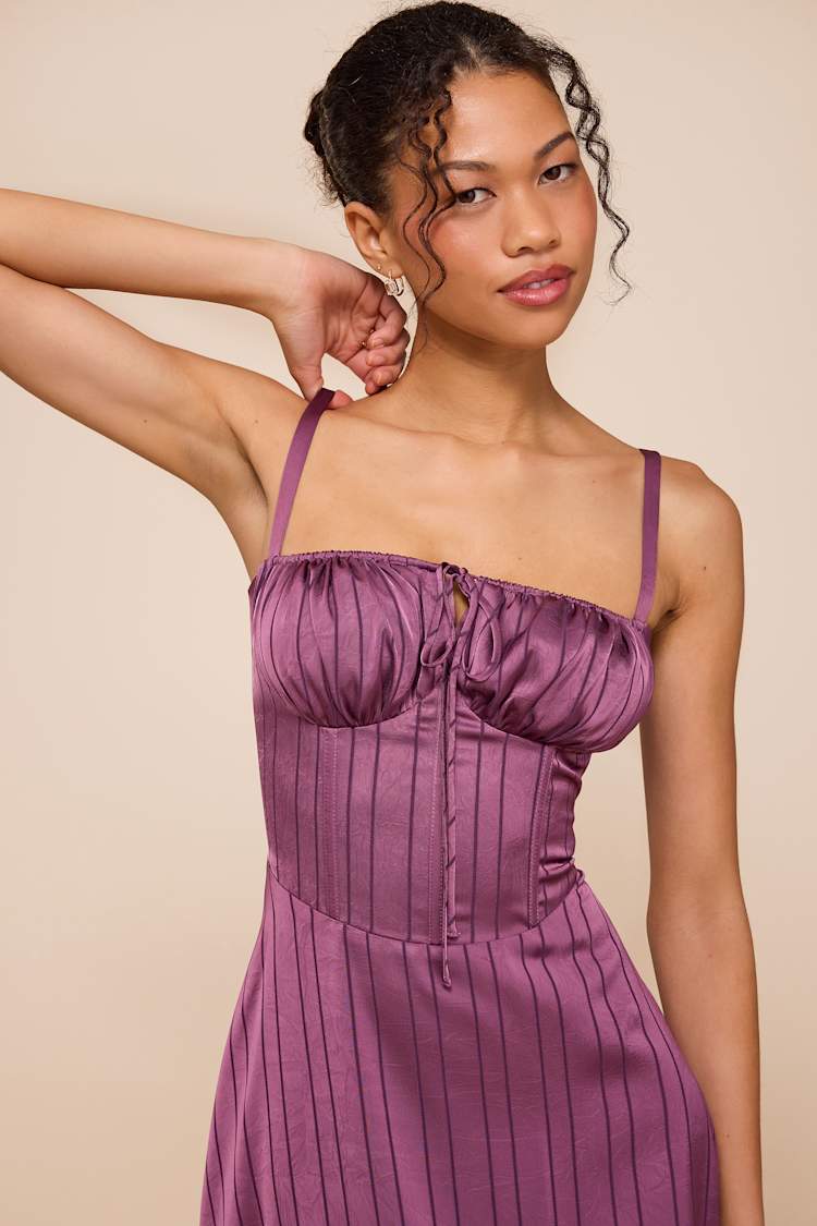 purple pinstripe dress Adlynn Purple Striped Satin Bustier Midi Dress