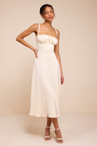Adlynn Ivory Striped Satin Bustier Midi Dress 1