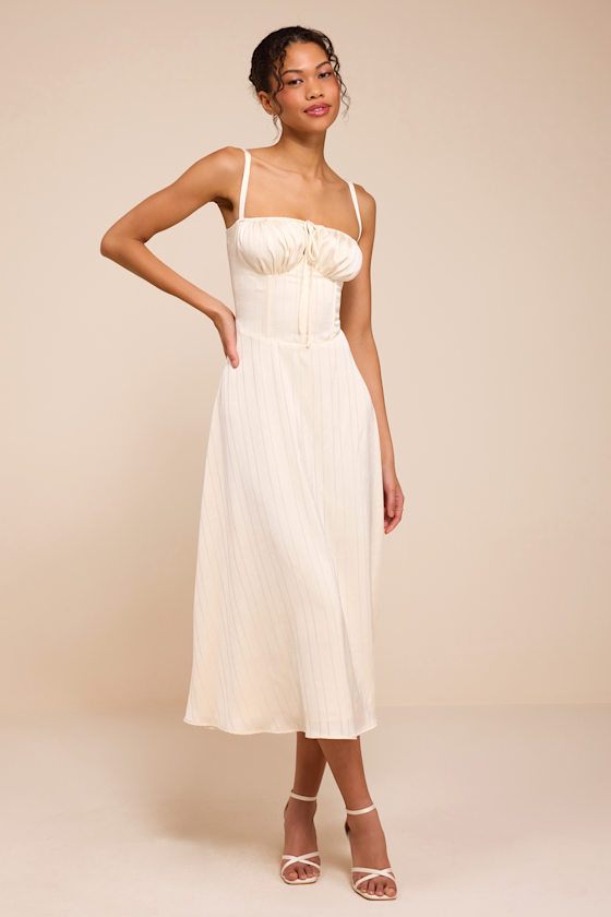 Adlynn Ivory Striped Satin Bustier Midi Dress 1