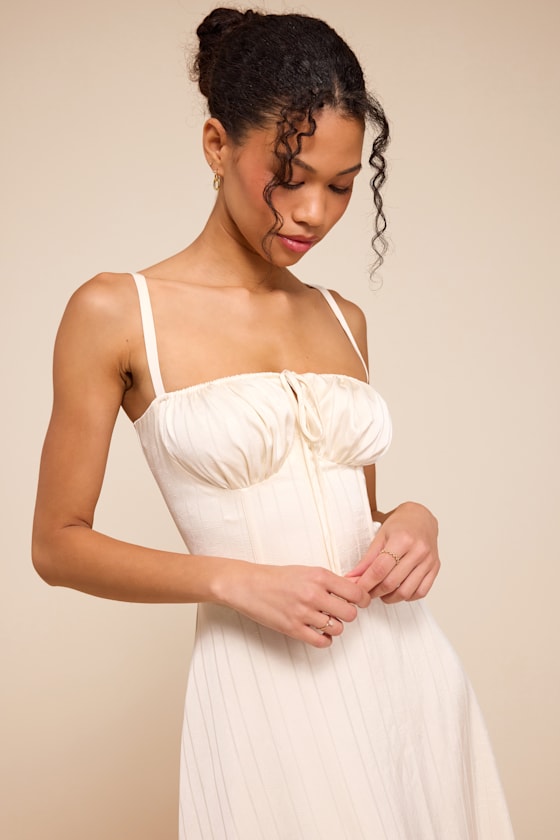 White Striped Dress - Satin Dress - Bustier Dress - Striped Dress