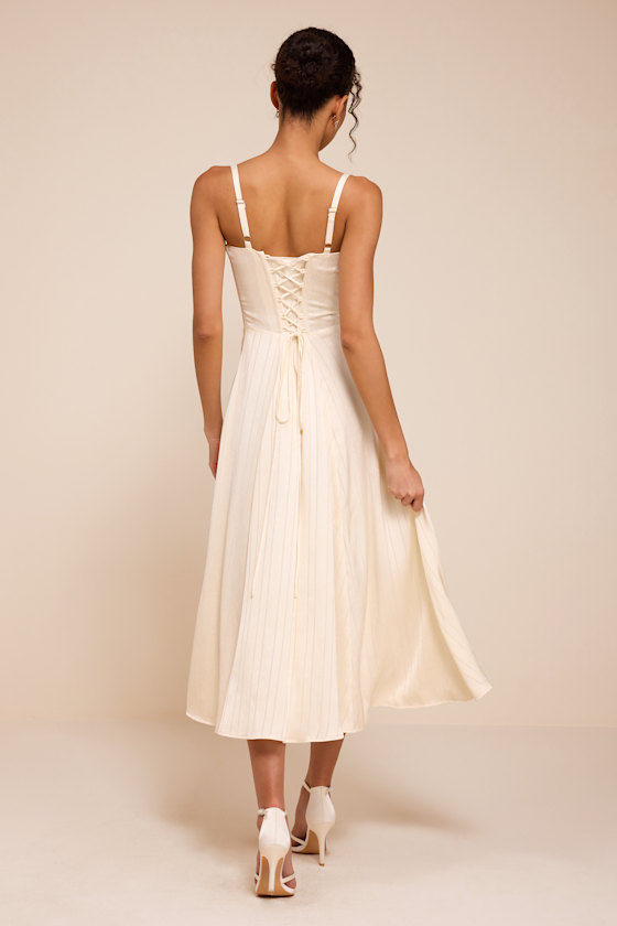 Adlynn Ivory Striped Satin Bustier Midi Dress - thumbnail 3