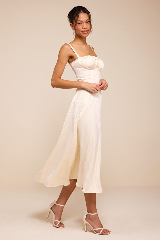Adlynn Ivory Striped Satin Bustier Midi Dress - thumbnail 4