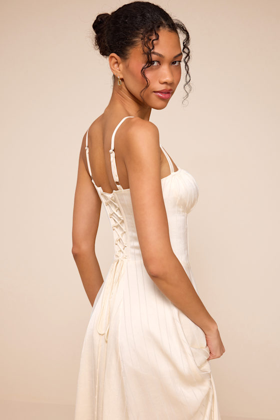 Adlynn Ivory Striped Satin Bustier Midi Dress - thumbnail 5