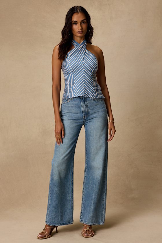Simonetta Blue Striped Cross-Front Halter Tank Top - thumbnail 3