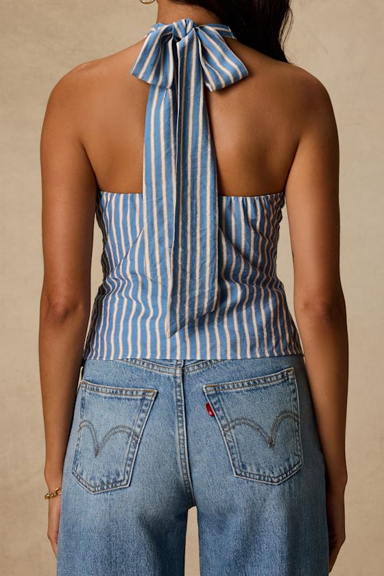 Simonetta Blue Striped Cross-Front Halter Tank Top - thumbnail 5