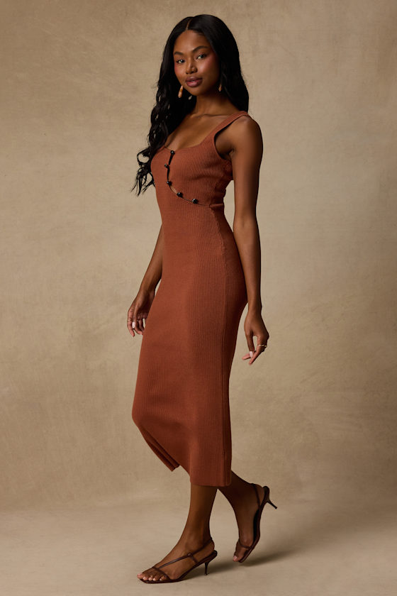 Clairo Light Brown Ribbed Knit Cutout Midi Dress - thumbnail 4