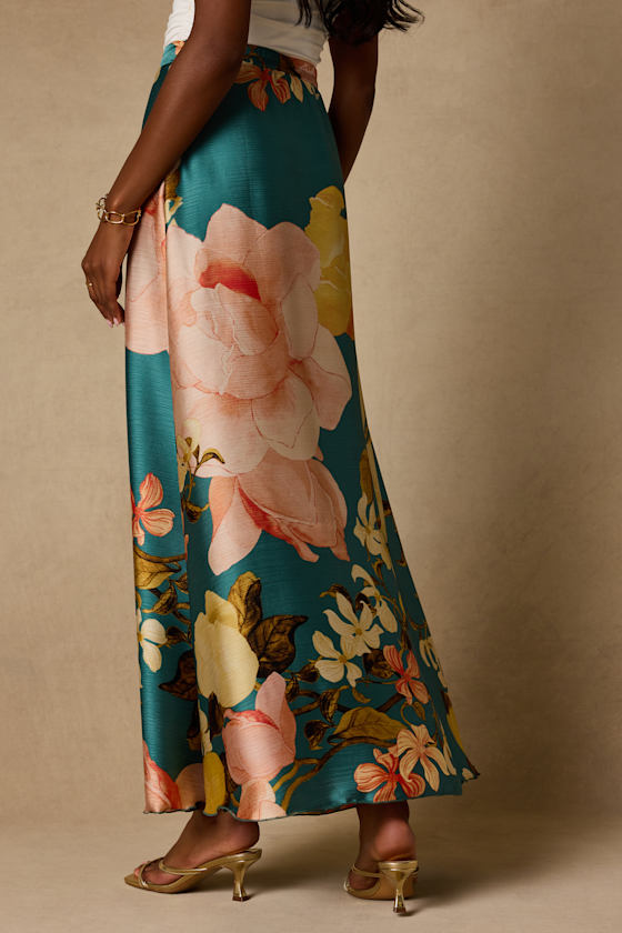 Micah Teal Multi Floral Satin Maxi Skirt - thumbnail 3