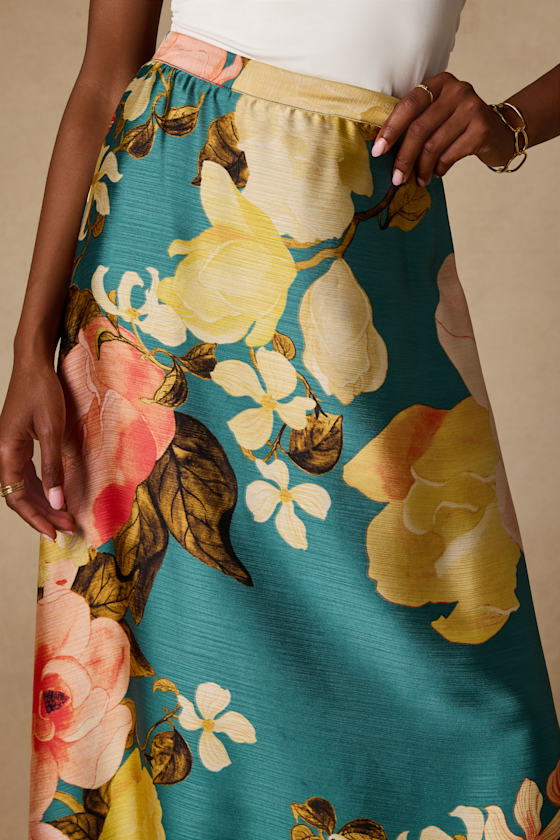 Micah Teal Multi Floral Satin Maxi Skirt - thumbnail 4