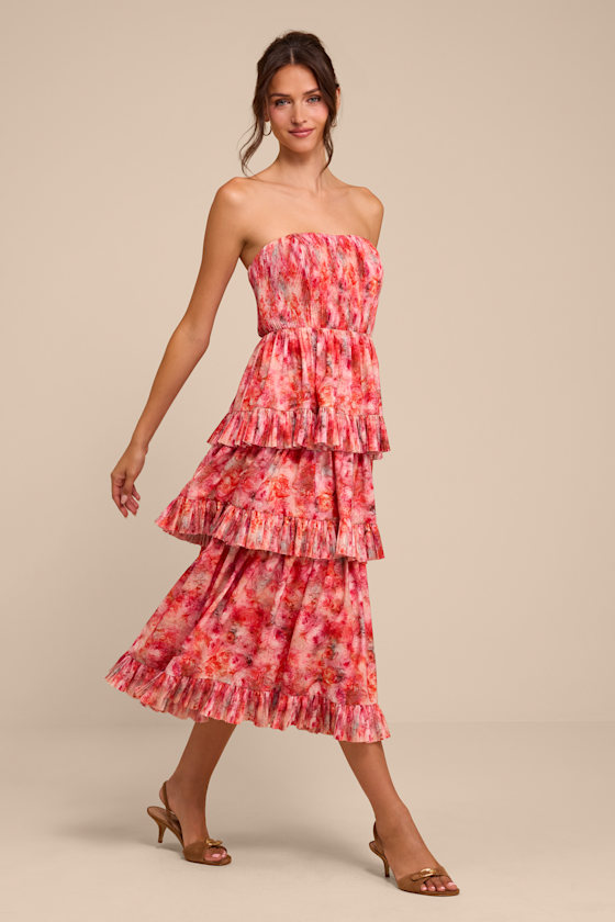 Lou Pink Multi Floral Tiered Midi Dress - thumbnail 4