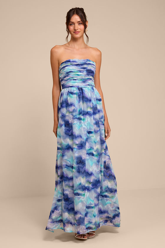 Image of Mykala Blue Abstract Pleated Strapless Maxi Dress