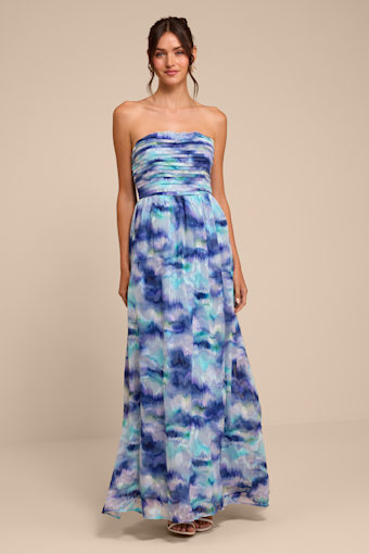 Mykala Blue Abstract Pleated Strapless Maxi Dress 1