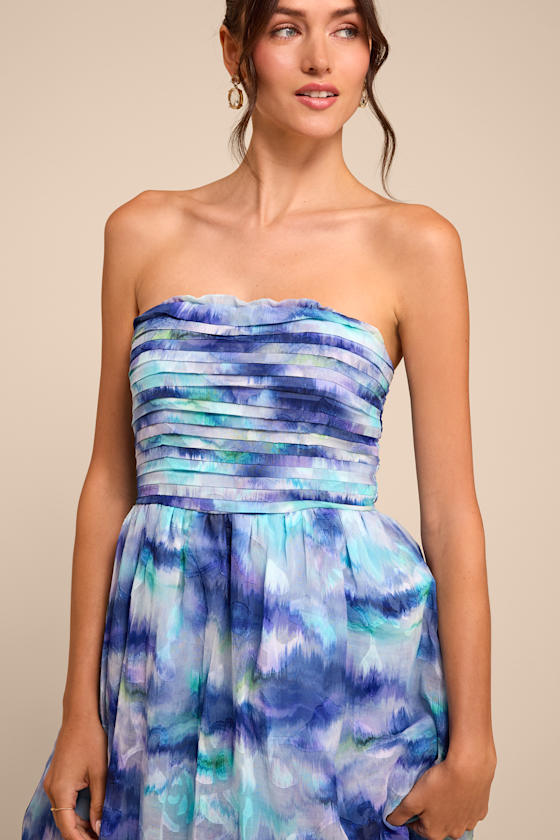 Mykala Blue Abstract Pleated Strapless Maxi Dress 2