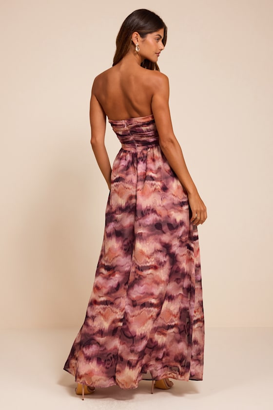 Mykala Mauve Abstract Pleated Strapless Maxi Dress - thumbnail 4