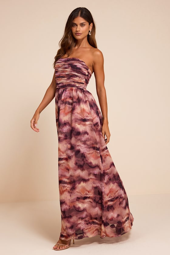 Mykala Mauve Abstract Pleated Strapless Maxi Dress - thumbnail 5