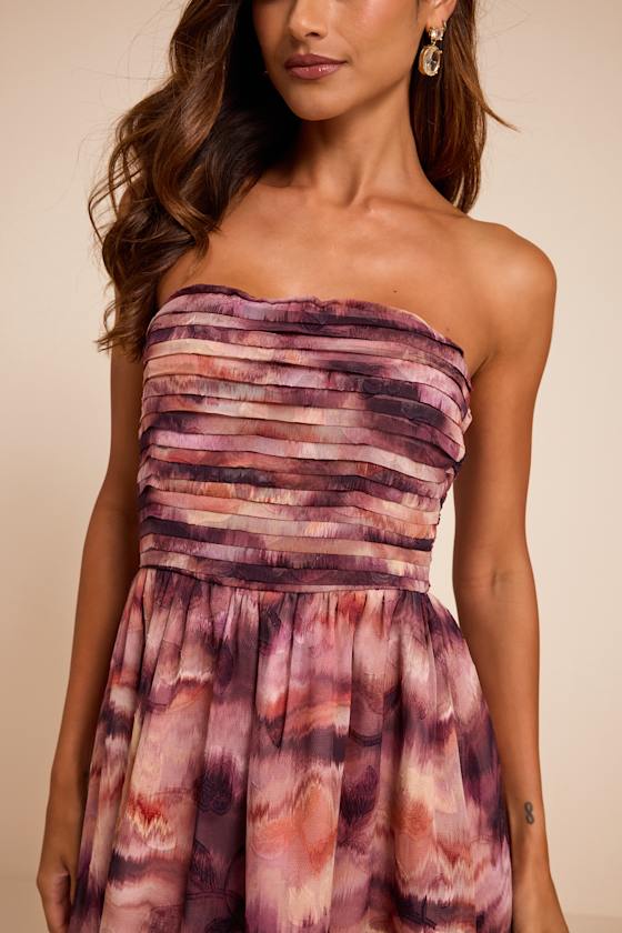 Mykala Mauve Abstract Pleated Strapless Maxi Dress - thumbnail 6