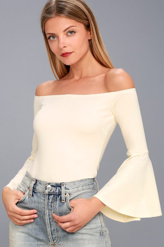 White OfftheShoulder Bodysuit Bell Sleeve Bodysuit Lulus