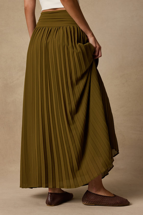 Liada Olive Pleated High-Waisted Maxi Skirt - thumbnail 3