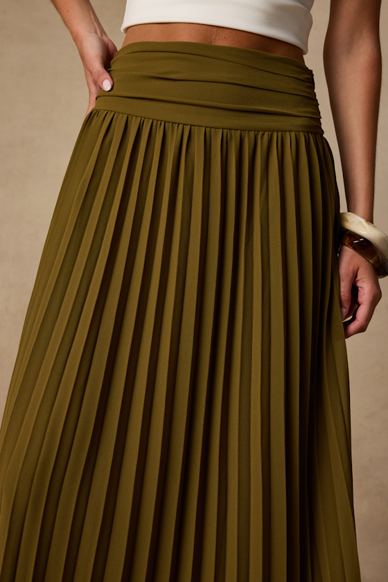 Liada Olive Pleated High-Waisted Maxi Skirt - thumbnail 4