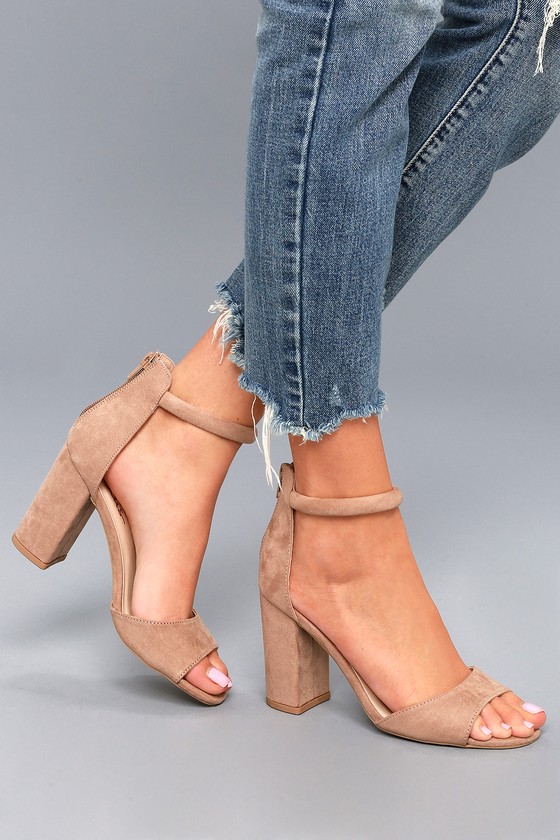 taupe suede ankle strap heels