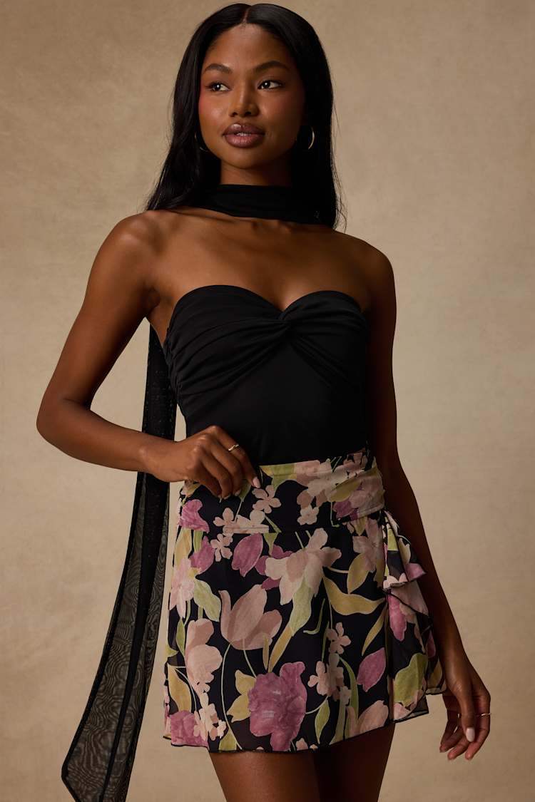 Lulus | Black Multi Floral Ruffled Mini Skirt | Womens | Small (Available in M, L)