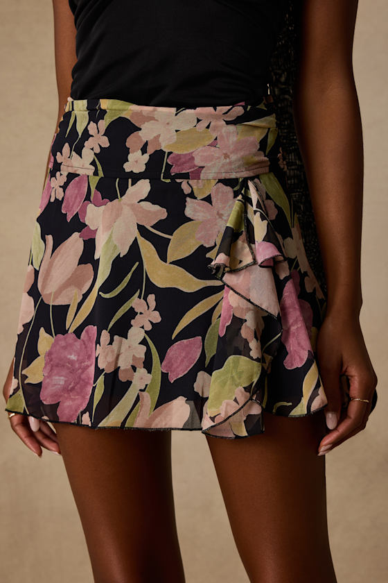 Bayla Black Multi Floral Ruffled Mini Skirt - thumbnail 3
