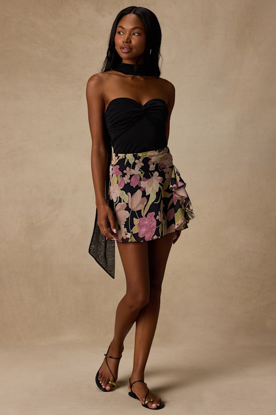 Bayla Black Multi Floral Ruffled Mini Skirt - thumbnail 4