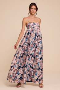 Carmen Navy Multi Floral Jacquard Babydoll Maxi Dress 1