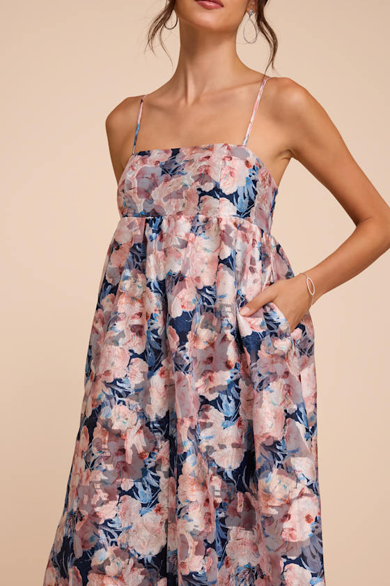 Carmen Navy Multi Floral Jacquard Babydoll Maxi Dress 2